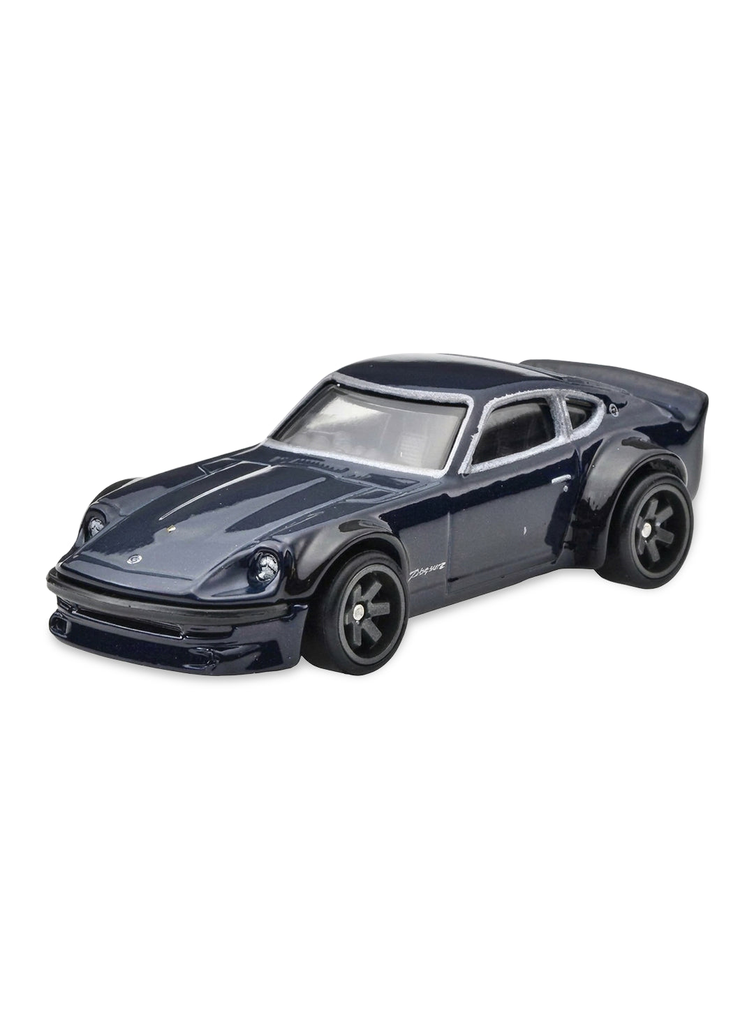 Close-up view of the midnight blue Hot Wheels Nissan Fairlady Z sports car showing sleek tuner body lines and dark grey 6-spoke Real Riders wheels.