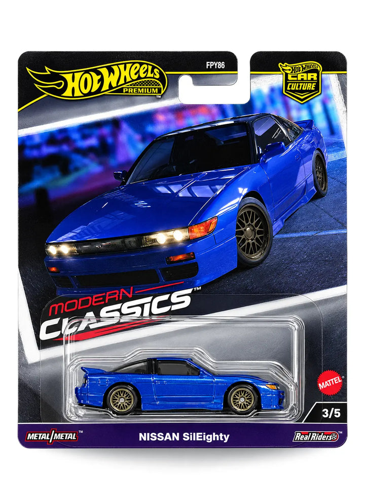 Hot Wheels Car Culture Modern Classics Nissan SilEighty 1:64 scale premium diecast car mint on its original highly collectible 3/5 variant blister card featuring a deep midnight blue finish and clean JDM tuner card art graphics.
