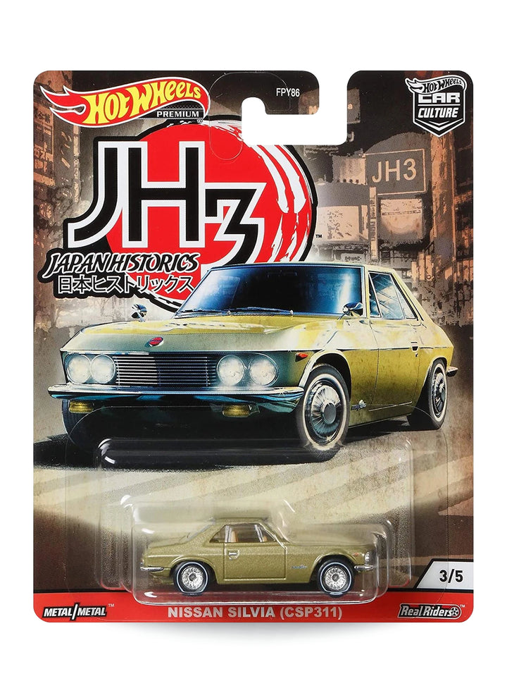 Hot Wheels Car Culture Japan Historics 3 Nissan Silvia (CSP311) 1:64 scale premium diecast coupe mint on its original vintage-themed JH3 blister card.