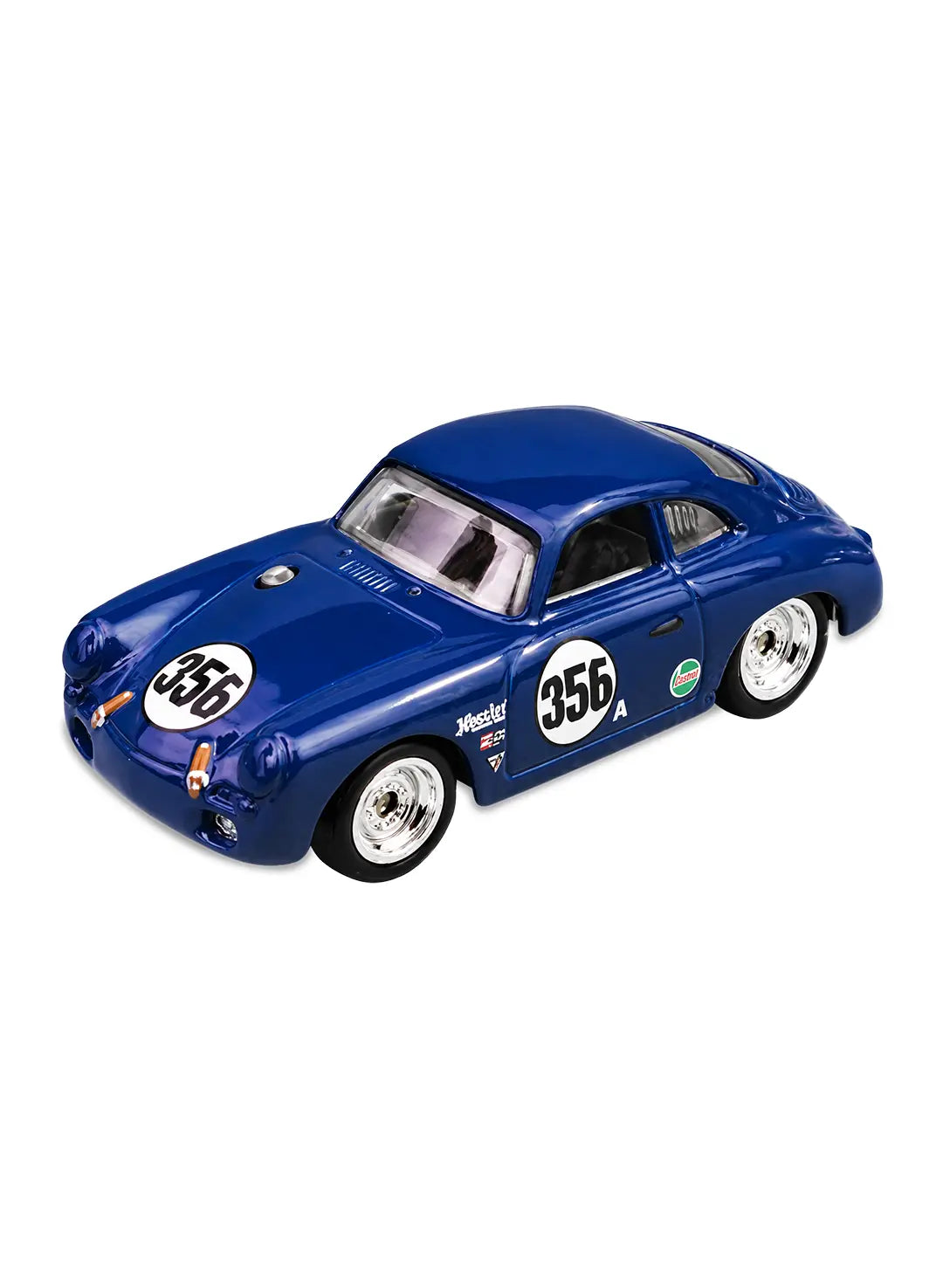 Close-up profile view of the premium dark blue Porsche 356A Outlaw showcasing its classic rounded vintage sports car body lines and retro Chrome RRSteelie Real Riders wheels.