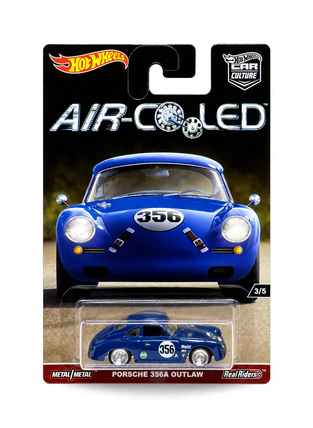 Hot Wheels Car Culture Air-Cooled Porsche 356A Outlaw 1:64 scale premium diecast car mint on its original highly collectible 3/5 variant blister card featuring a deep dark blue finish and iconic Porsche racing themed card art layout.