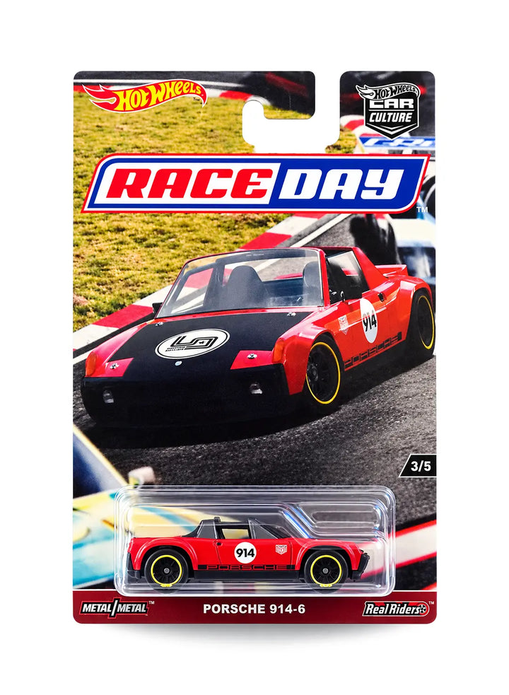 Hot Wheels Car Culture Race Day '74 Porsche 914-6 1:64 scale premium diecast car mint on its original retro trackside blister card.