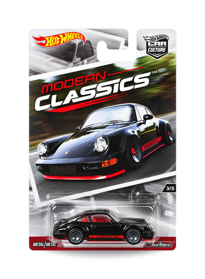 Hot Wheels Car Culture Modern Classics Porsche 964 1:64 scale premium diecast car mint on its original highly collectible 3/5 variant blister card featuring a sleek black finish and premium collector series card art.