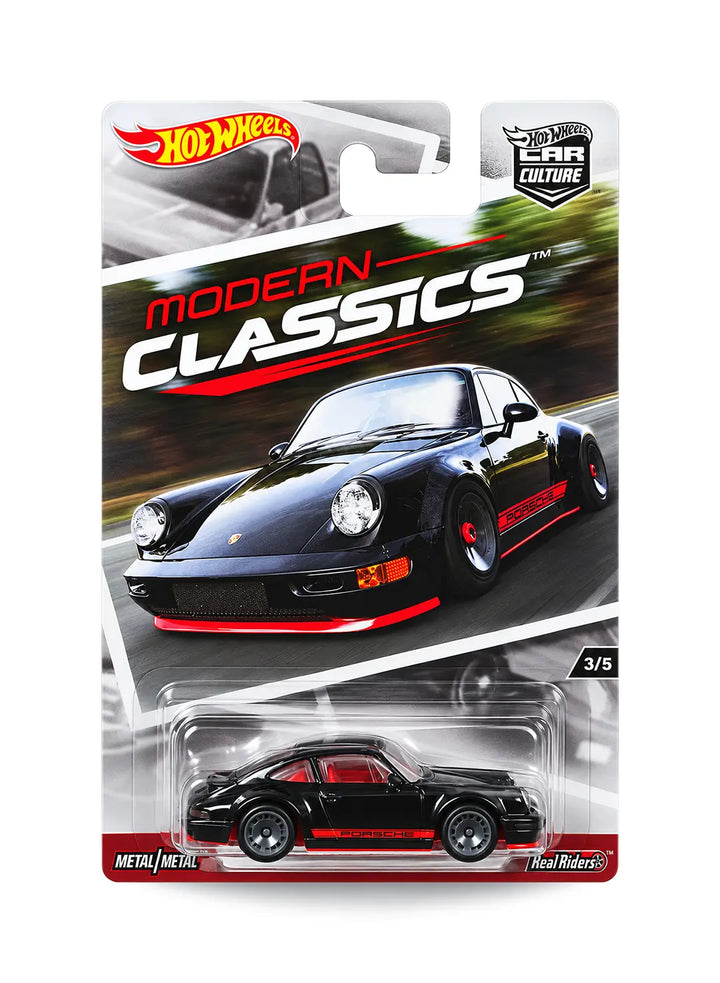 Hot Wheels Car Culture Modern Classics Porsche 964 1:64 scale premium diecast car mint on its original highly collectible 3/5 variant blister card featuring a sleek black finish and premium collector series card art.