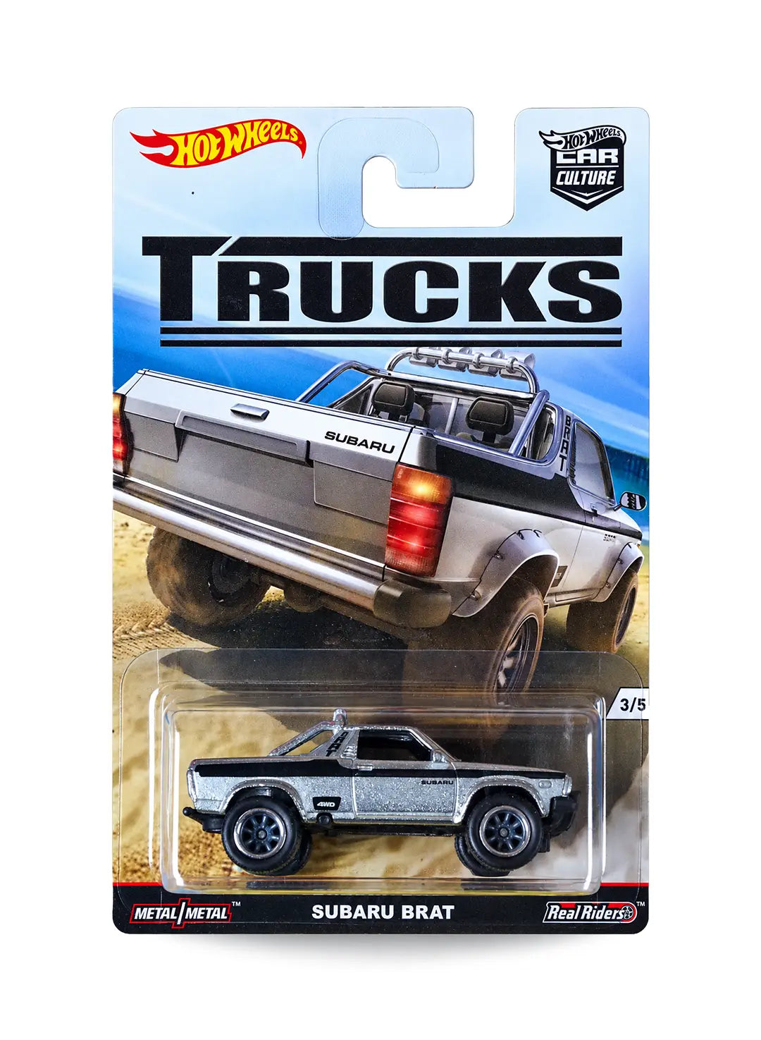 Hot Wheels Car Culture Trucks Subaru Brat 1:64 scale premium diecast compact utility vehicle mint on its original 3/5 numbered sandy beach scene blister card.