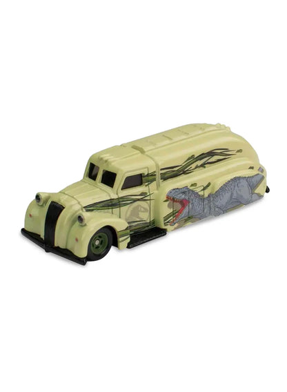 Close-up view of the cream white Hot Wheels Indominus Rex '38 Dodge Airflow car showing green graphics and green wheels.
