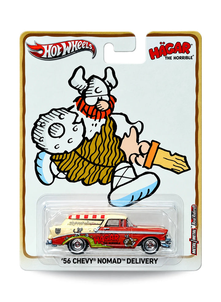 Hot Wheels Pop Culture 2013 King Features Hägar the Horrible '56 Chevy Nomad Delivery 1:64 scale diecast car mint on its original comic strip blister card.