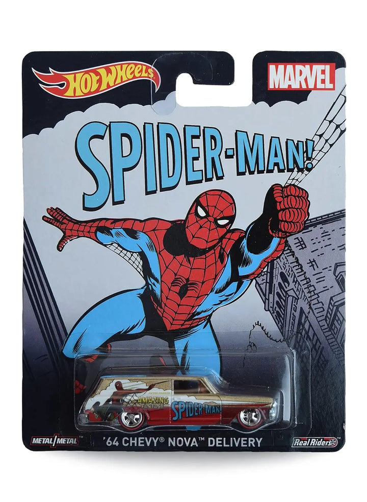 Hot Wheels Pop Culture Marvel Spider-Man '64 Chevy Nova Delivery 1:64 scale diecast car mint on its original retro comic art blister card.