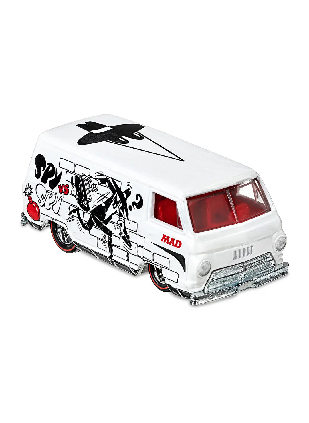 Close-up view of the white Hot Wheels Spy vs. Spy White Spy '66 Dodge A100 van showing brick wall side graphics and redline Real Riders wheels.