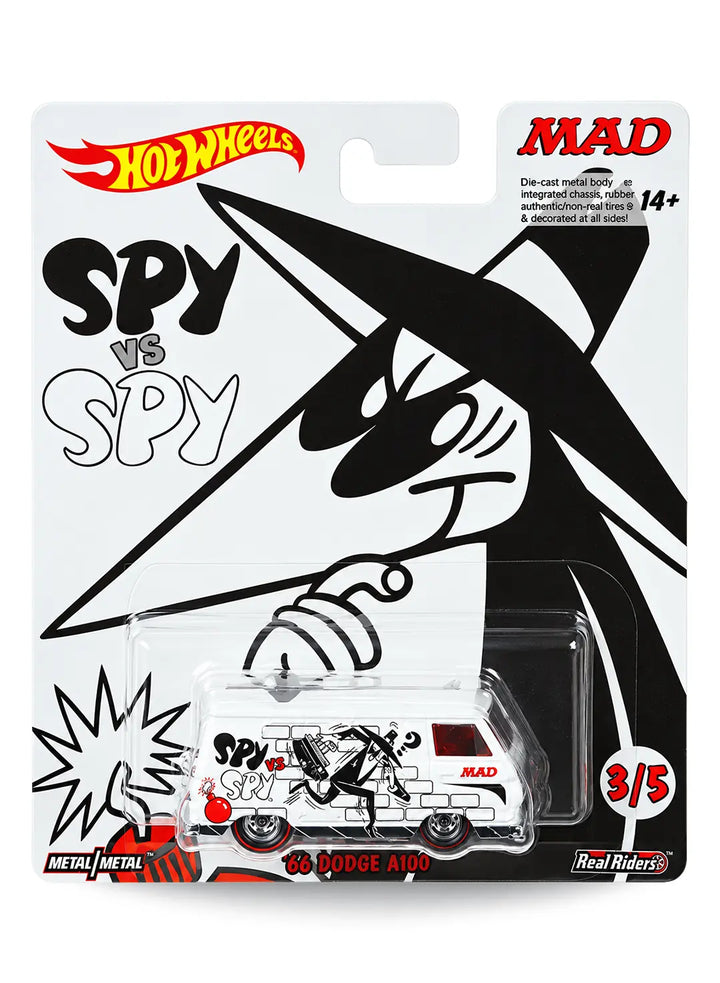 Hot Wheels Pop Culture MAD Magazine Spy vs. Spy White Spy '66 Dodge A100 1:64 scale premium diecast van mint on card.