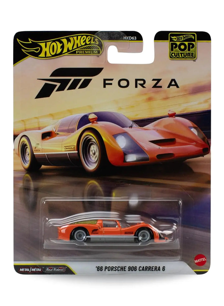 Hot Wheels Premium Pop Culture Forza '66 Porsche 906 Carrera 6 1:64 scale premium diecast car mint on its original video game themed trackside blister card carrying a bold black Forza logo.