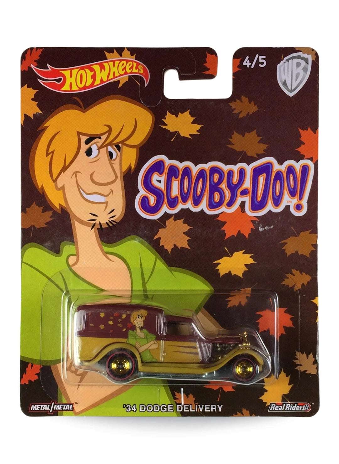 Hot Wheels Pop Culture Scooby-Doo '34 Dodge Delivery 1:64 scale premium diecast car mint on its original Shaggy autumn leaf blister card.