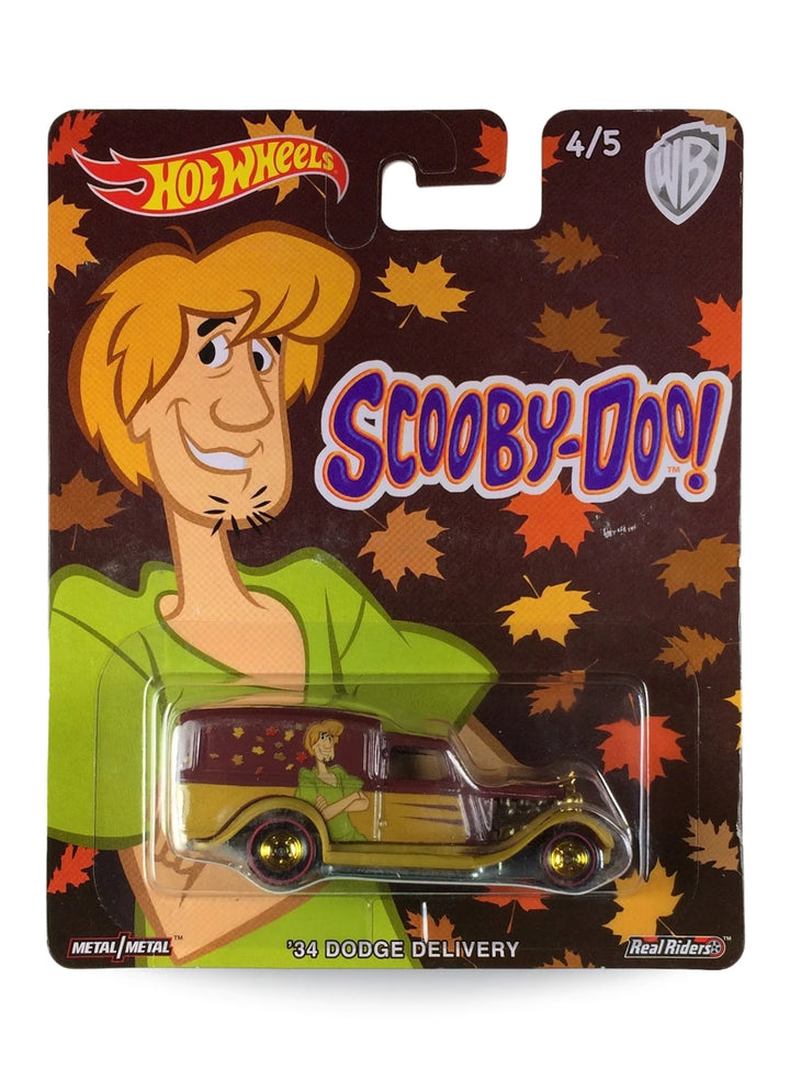 Hot Wheels Pop Culture Scooby-Doo '34 Dodge Delivery 1:64 scale premium diecast car mint on its original Shaggy autumn leaf blister card.