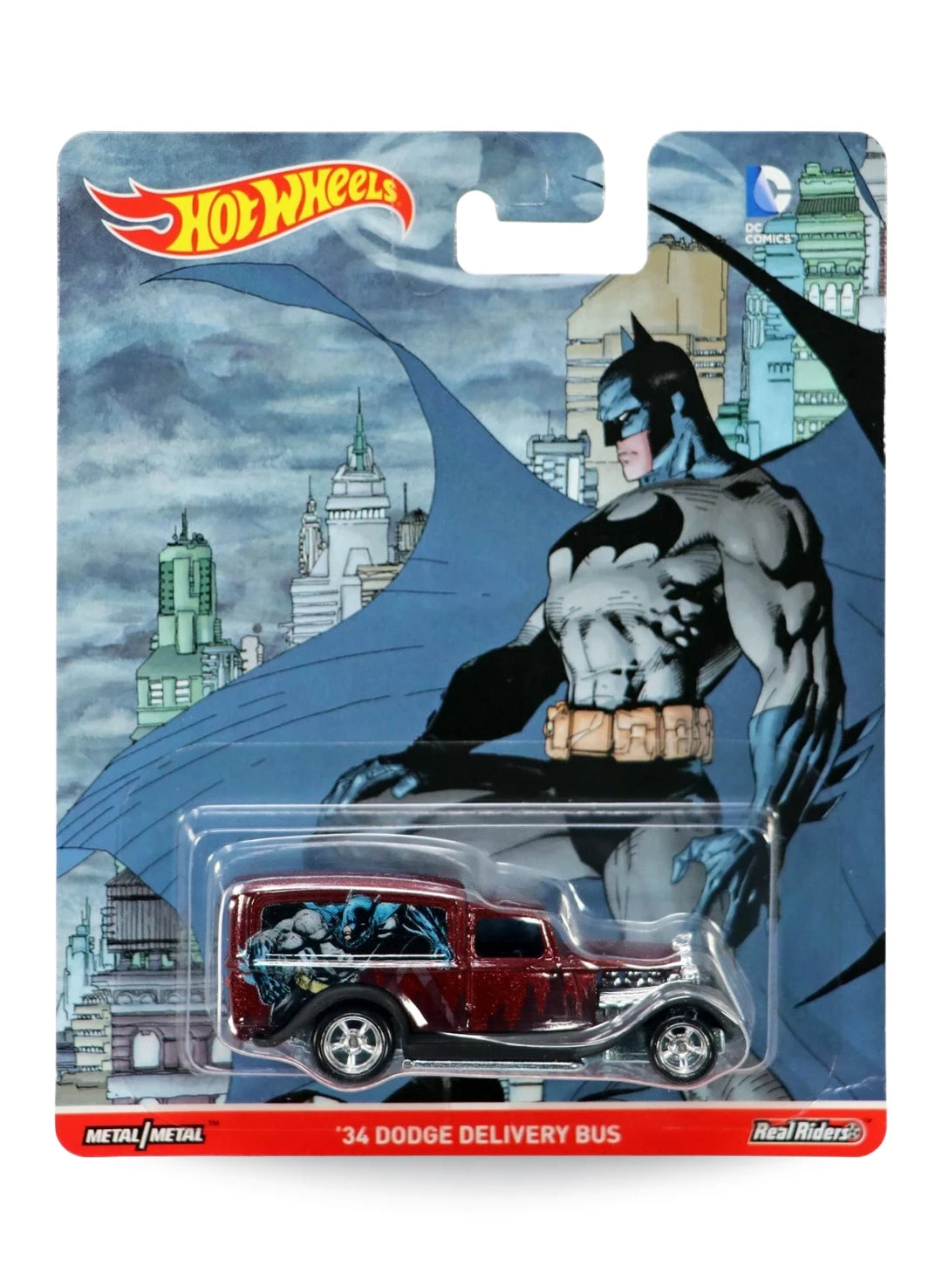 Hot Wheels Pop Culture DC Comics Batman '34 Dodge Delivery Bus 1:64 scale premium diecast vehicle mint on its original Jim Lee art blister card.