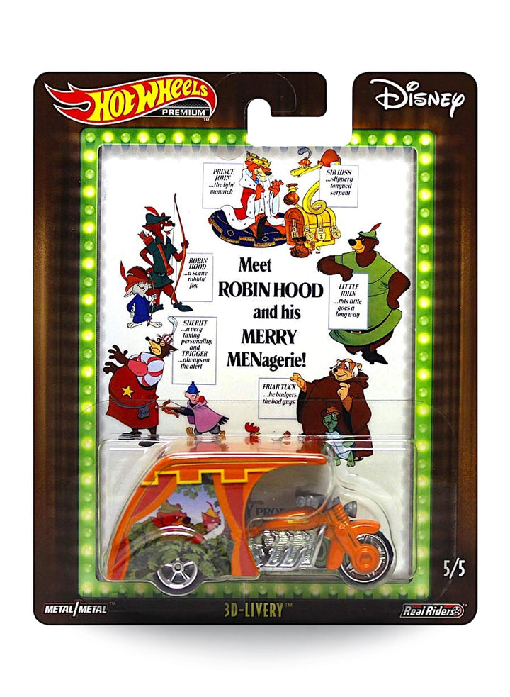 Hot Wheels Pop Culture Disney Robin Hood 3D-Livery 1:64 scale premium diecast motorcycle with sidecar mint on blister card.
