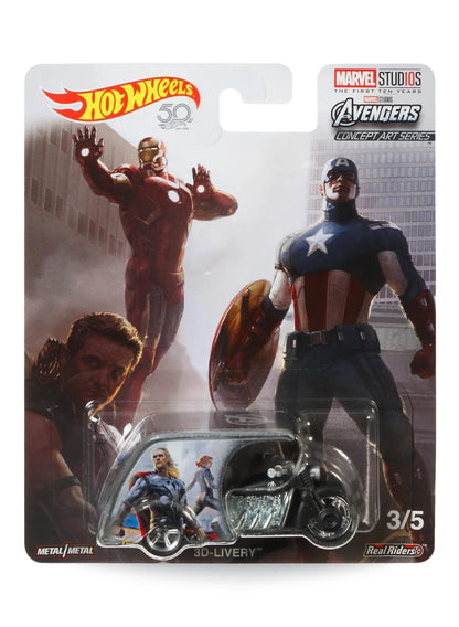 Hot Wheels Pop Culture Marvel Studios Avengers 3D-Livery 1:64 scale premium diecast motorcycle with sidecar mint on Concept Art Series blister card.