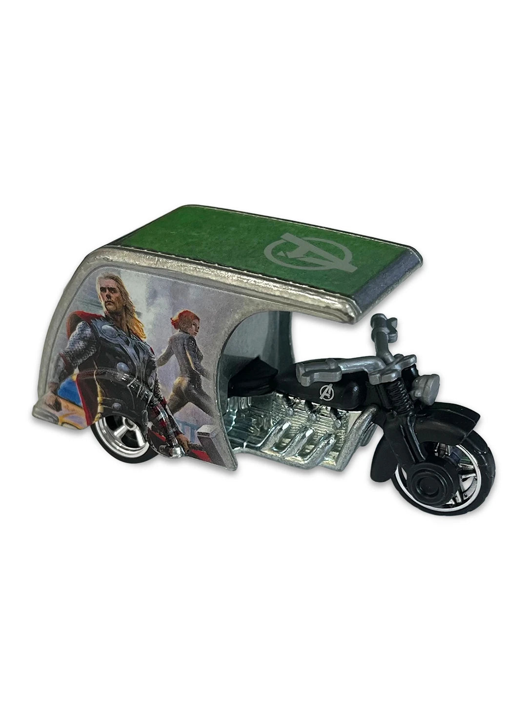 Close-up view of the black Hot Wheels Avengers 3D-Livery motorcycle showing sidecar graphics and chrome disc Real Riders wheels.