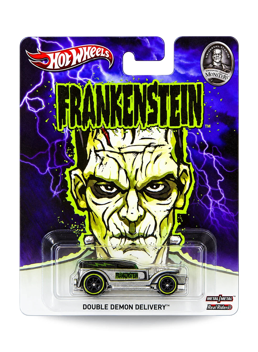 Hot Wheels Pop Culture 2013 Universal Monsters Frankenstein Double Demon Delivery 1:64 scale diecast car mint on its original character blister card.