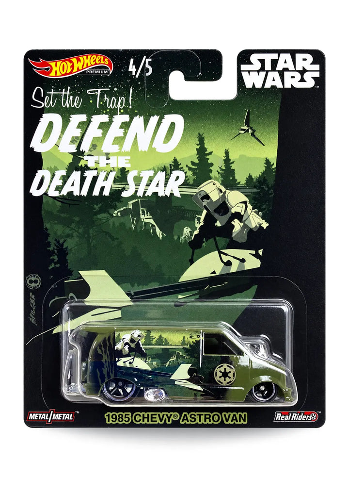 Hot Wheels Pop Culture Star Wars Defend the Death Star 1985 Chevy Astro Van 1:64 scale premium diecast van mint on its original Scout Trooper blister card.