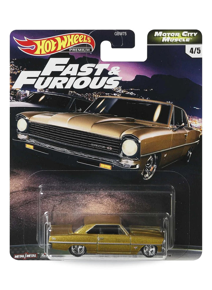 Hot Wheels Fast & Furious Premium Series Motor City Muscle 2020 Chevrolet '66 Chevy Nova 1:64 – Metalflake Gold