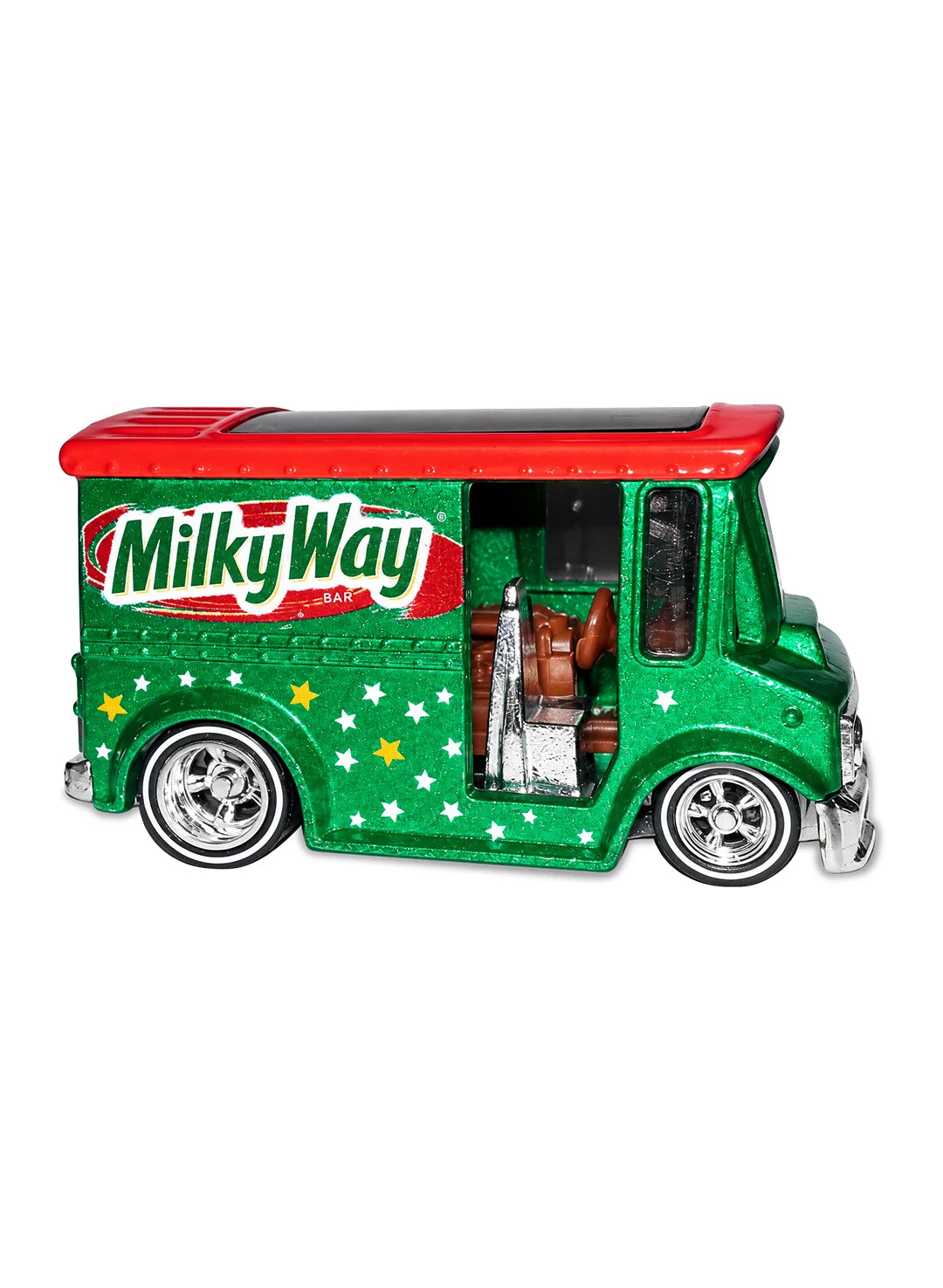 Close-up view of the metalflake green and brown Hot Wheels 2013 Milky Way Bread Box truck showing side graphics and chrome Real Riders wheels.