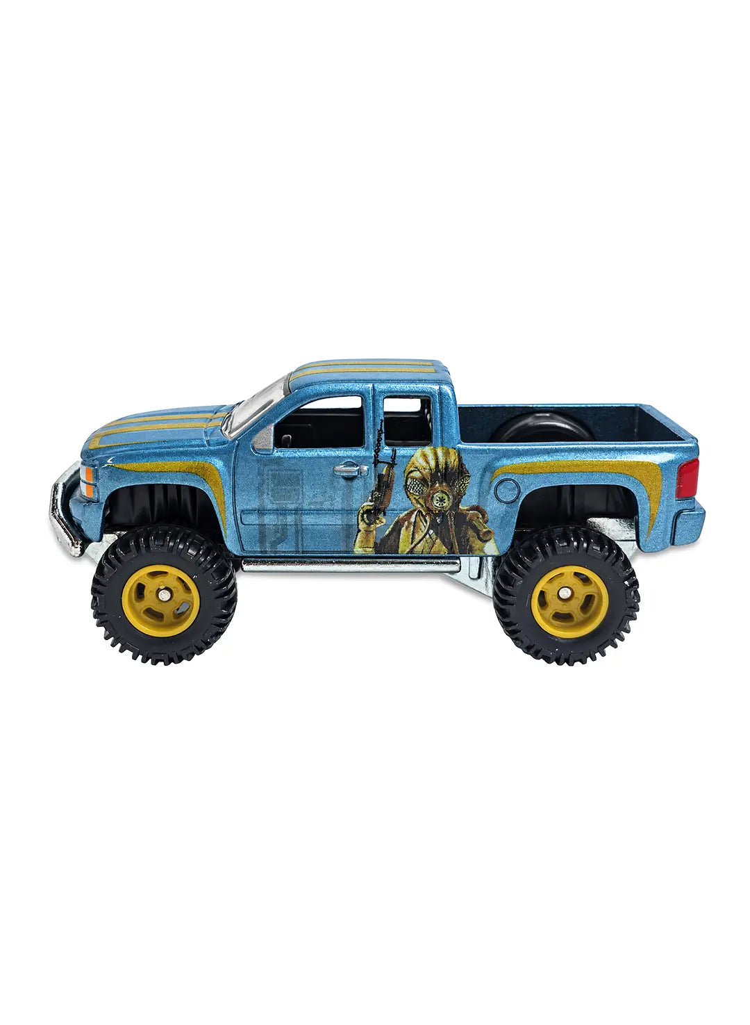 Close-up view of the metallic light blue Hot Wheels Zuckuss Chevy Silverado truck showing yellow-rimmed off-road Real Riders wheels.