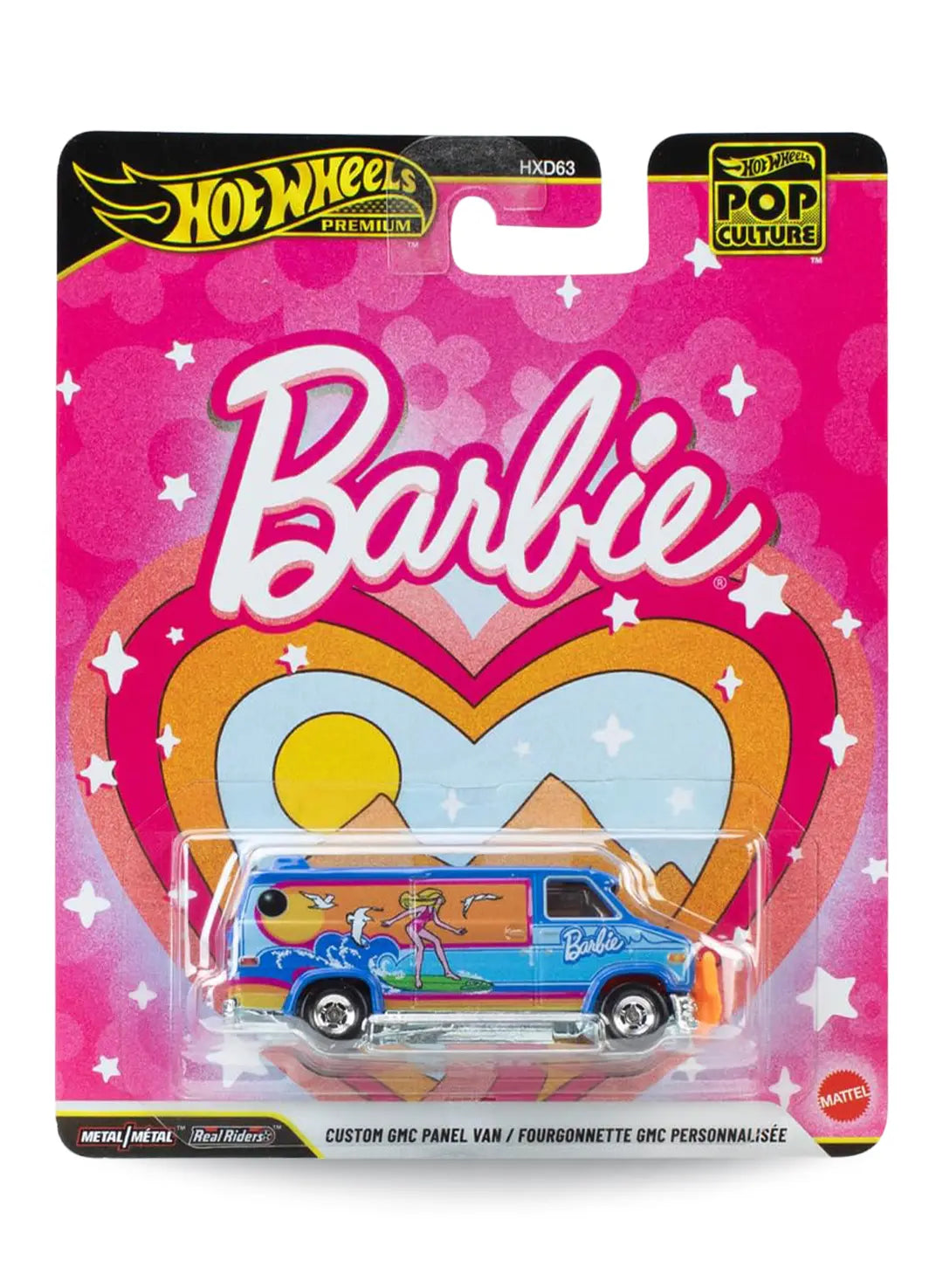 Hot Wheels Premium Pop Culture Barbie Custom GMC Panel Van 1:64 scale premium diecast van mint on its original hot pink card featuring a large orange and yellow retro heart sunset graphic.
