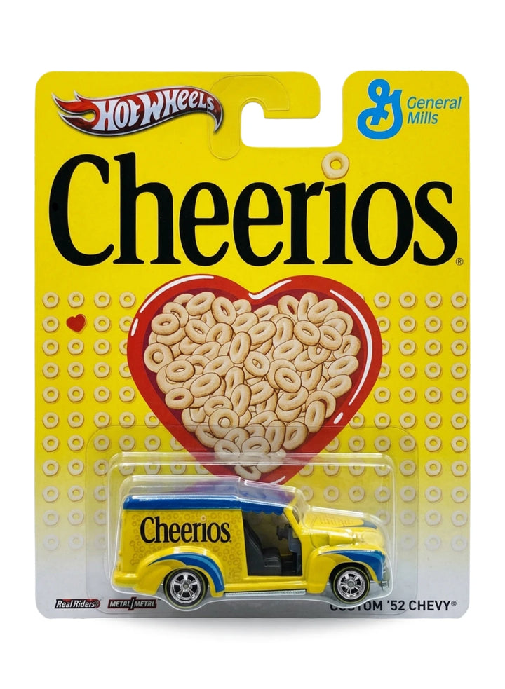 Hot Wheels Pop Culture 2013 General Mills Cheerios Custom '52 Chevy 1:64 scale diecast truck mint on its original cereal brand blister card.