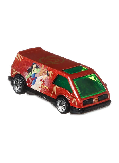Close-up view of the metalflake red Hot Wheels Mulan Dream Van XGW Panel van showing side action graphics and green roof glass tint.