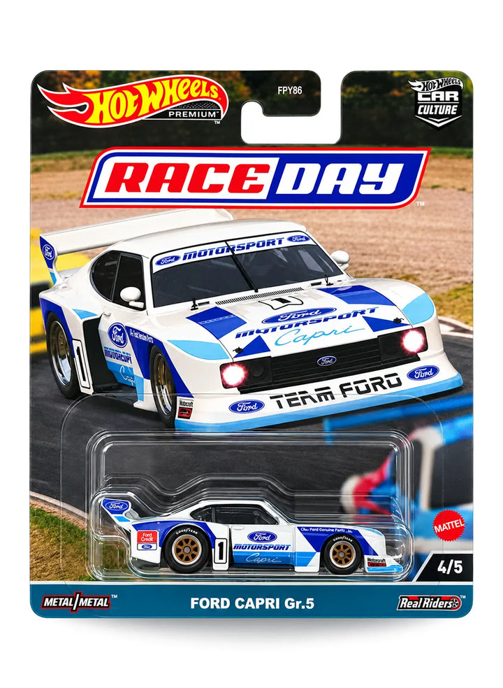 Hot Wheels Car Culture Race Day Ford Capri Gr.5 1:64 scale premium diecast car mint on its original highly collectible limited-edition 4/5 variant blister card.
