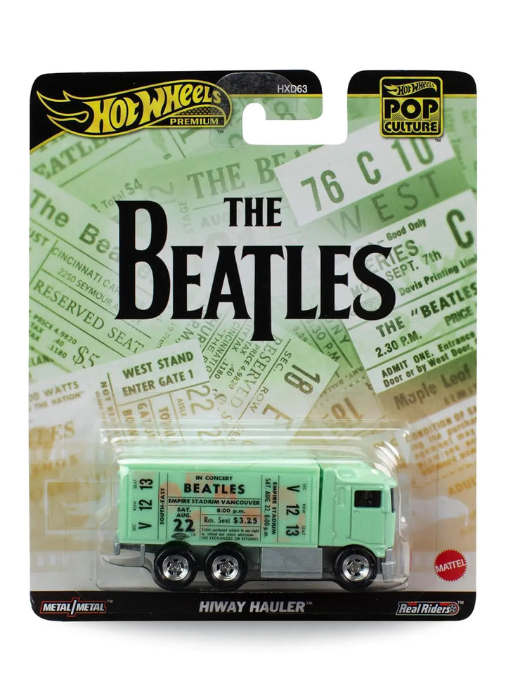 Hot Wheels Premium Pop Culture The Beatles Hiway Hauler 1:64 scale premium diecast box truck mint on its original vintage concert ticket collage themed blister card.