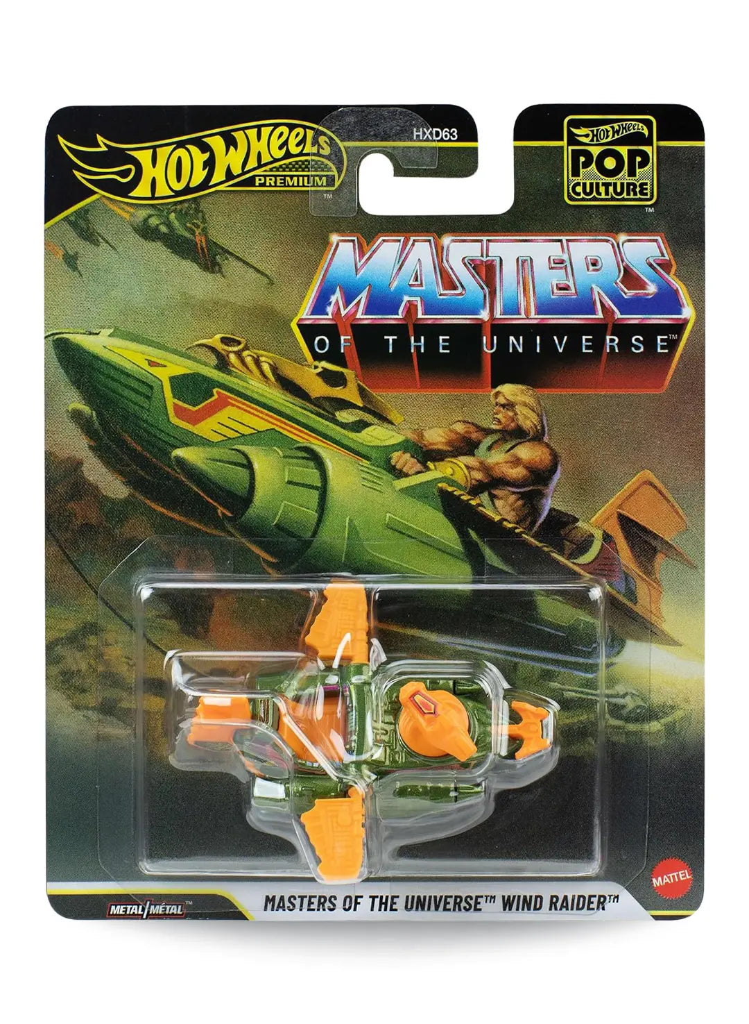 Hot Wheels Premium Pop Culture Masters of the Universe Wind Raider premium diecast vehicle mint on its original retro animation themed card featuring He-Man piloting the flying machine.