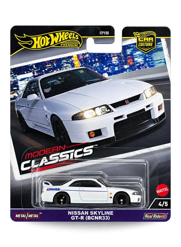 Hot Wheels Car Culture Modern Classics Nissan Skyline GT-R (BCNR33) 1:64 scale premium diecast car mint on its original highly collectible 4/5 variant blister card showcasing the legendary deep midnight purple shade and performance card graphics.
