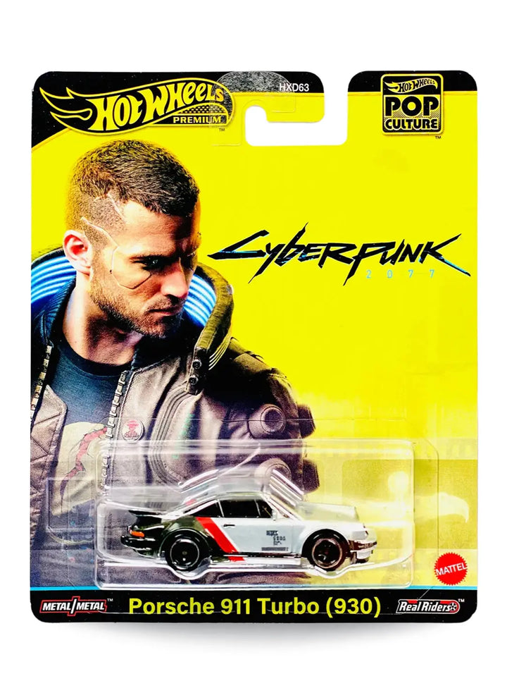 Hot Wheels Premium Pop Culture Cyberpunk 2077 Porsche 911 Turbo (930) 1:64 scale premium diecast car mint on its original bright yellow video game themed blister card.