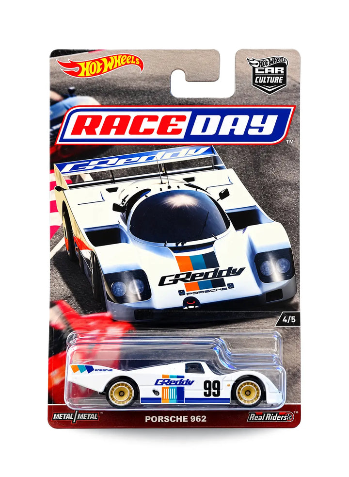 Hot Wheels Car Culture Race Day Porsche 962 1:64 scale premium diecast prototype racer mint on its original endurance racing blister card.