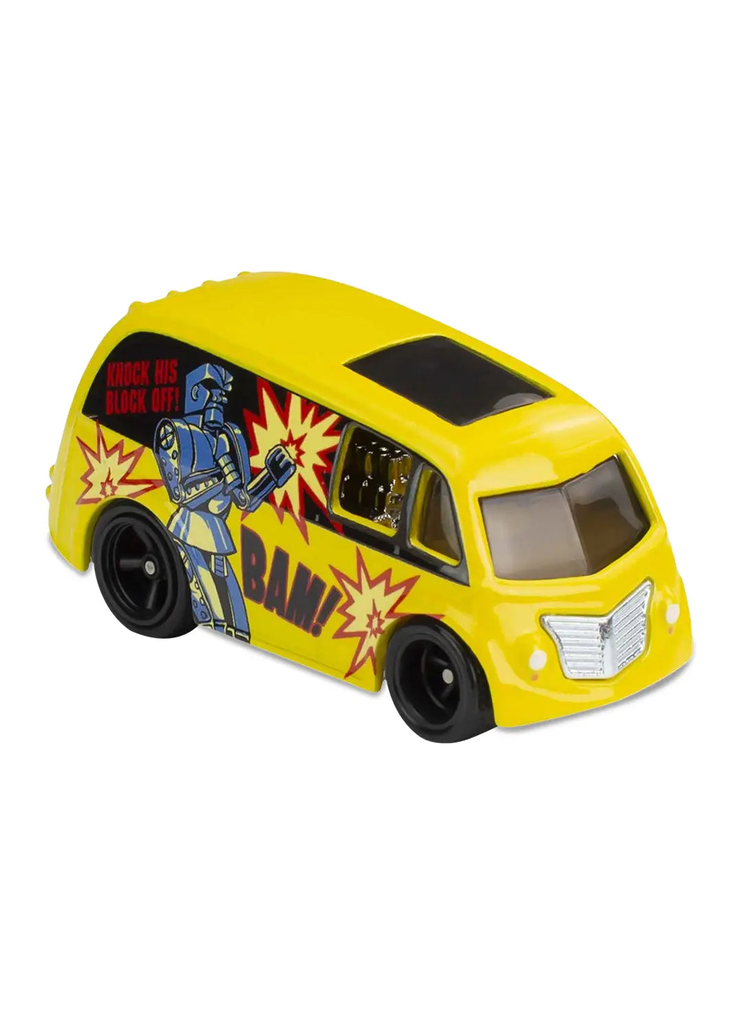 Close-up view of the bright yellow Hot Wheels Rock 'Em Sock 'Em Robots Quick D-Livery van showing black wheels.