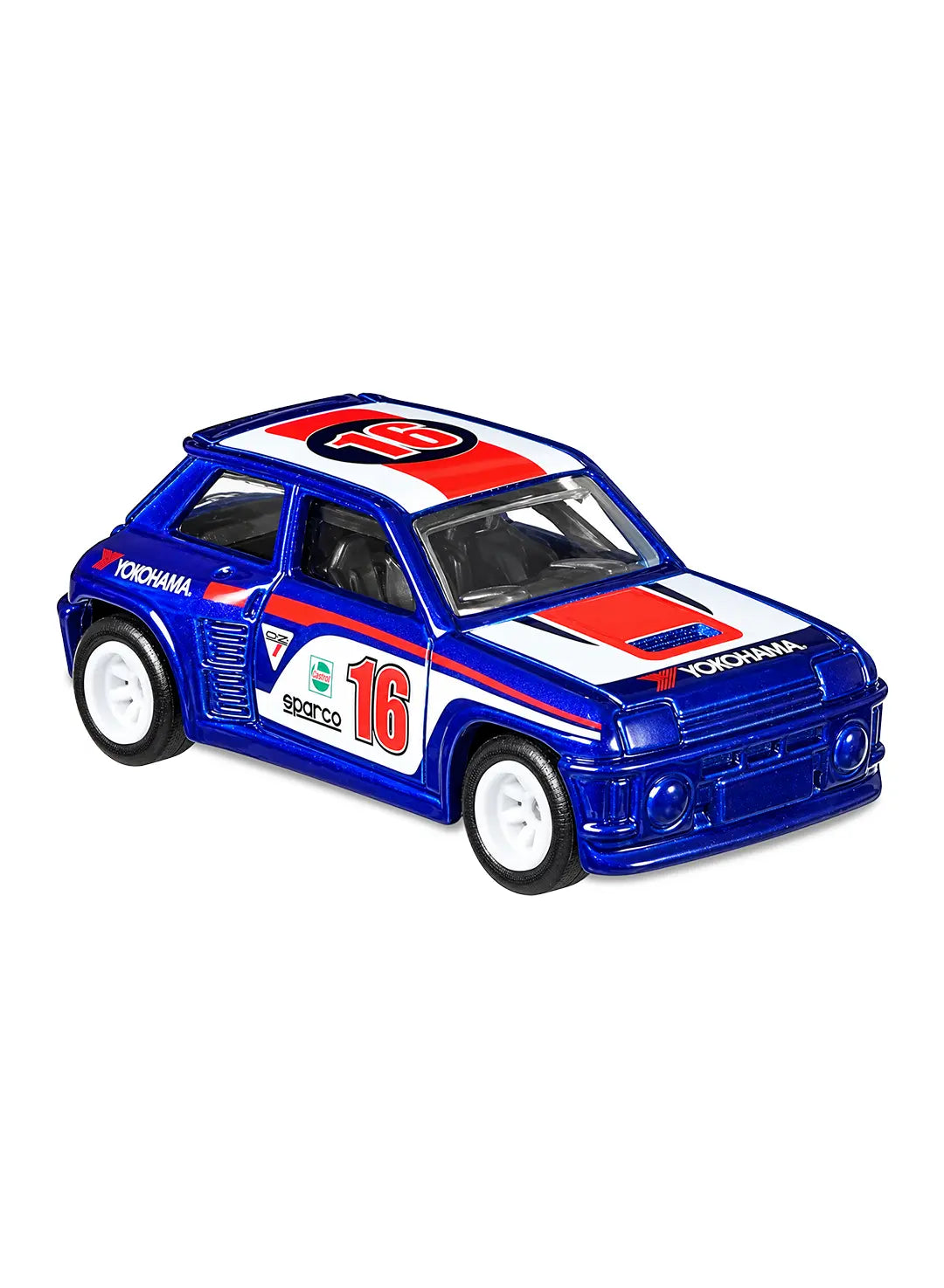 Close-up view of the metallic blue Renault 5 Turbo showcasing its wide boxed rear fenders, racing livery graphics, mid-engine compact layout profiles, and striking stark White RR8SP Real Riders wheels.