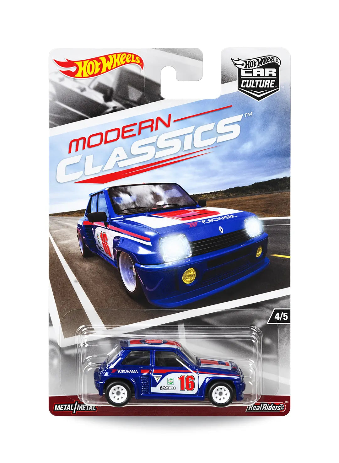 Hot Wheels Car Culture Modern Classics Renault 5 Turbo 1:64 scale premium diecast car mint on its original highly collectible 4/5 variant blister card with red and white race decals and retro card art graphics.