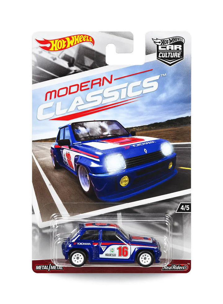 Hot Wheels Car Culture Modern Classics Renault 5 Turbo 1:64 scale premium diecast car mint on its original highly collectible 4/5 variant blister card with red and white race decals and retro card art graphics.