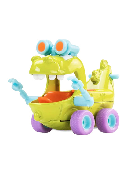 Close-up view of the lime green Hot Wheels Rugrats Reptar Wagon showing a dinosaur-shaped body, red spikes, purple wheels with translucent blue fins, and a rear handles detail.