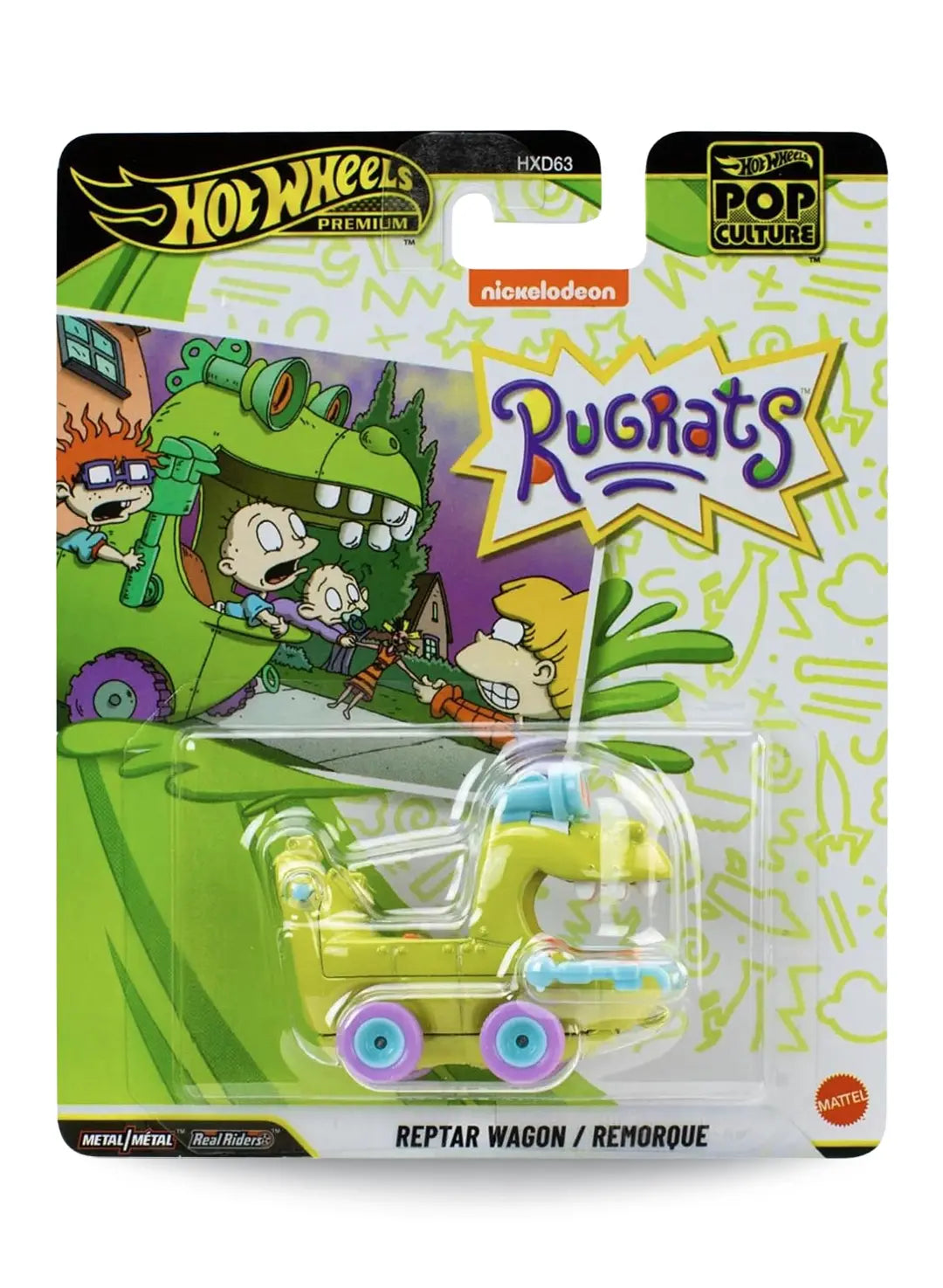 Hot Wheels Premium Pop Culture Rugrats Reptar Wagon premium diecast novelty vehicle mint on its original bright green Nickelodeon animation themed blister card with Tommy and Chuckie graphics.