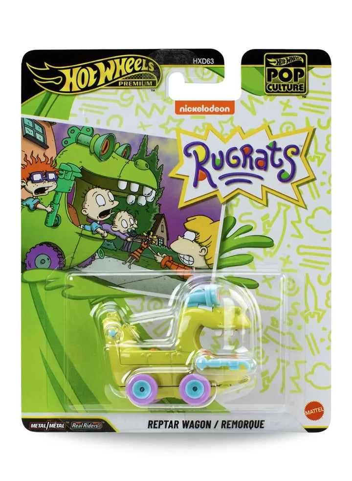 Hot Wheels Premium Pop Culture Rugrats Reptar Wagon premium diecast novelty vehicle mint on its original bright green Nickelodeon animation themed blister card with Tommy and Chuckie graphics.
