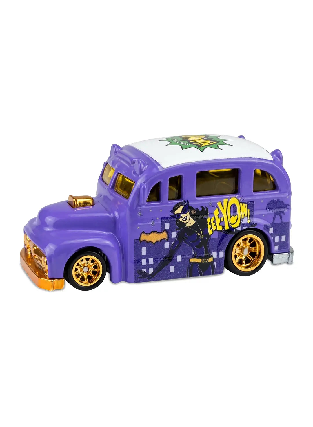 Close-up view of the purple Hot Wheels Catwoman School Busted bus showing side character graphics and gold Real Riders wheels.