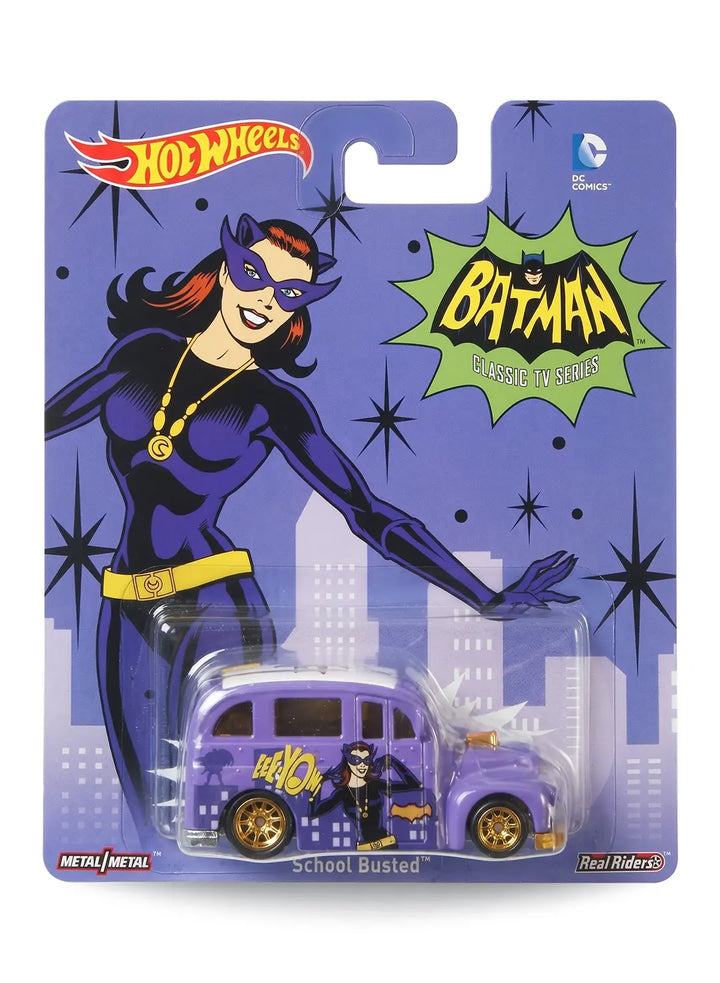 Hot Wheels Pop Culture Batman Classic TV Series School Busted 1:64 scale diecast car mint on its original Catwoman character blister card.