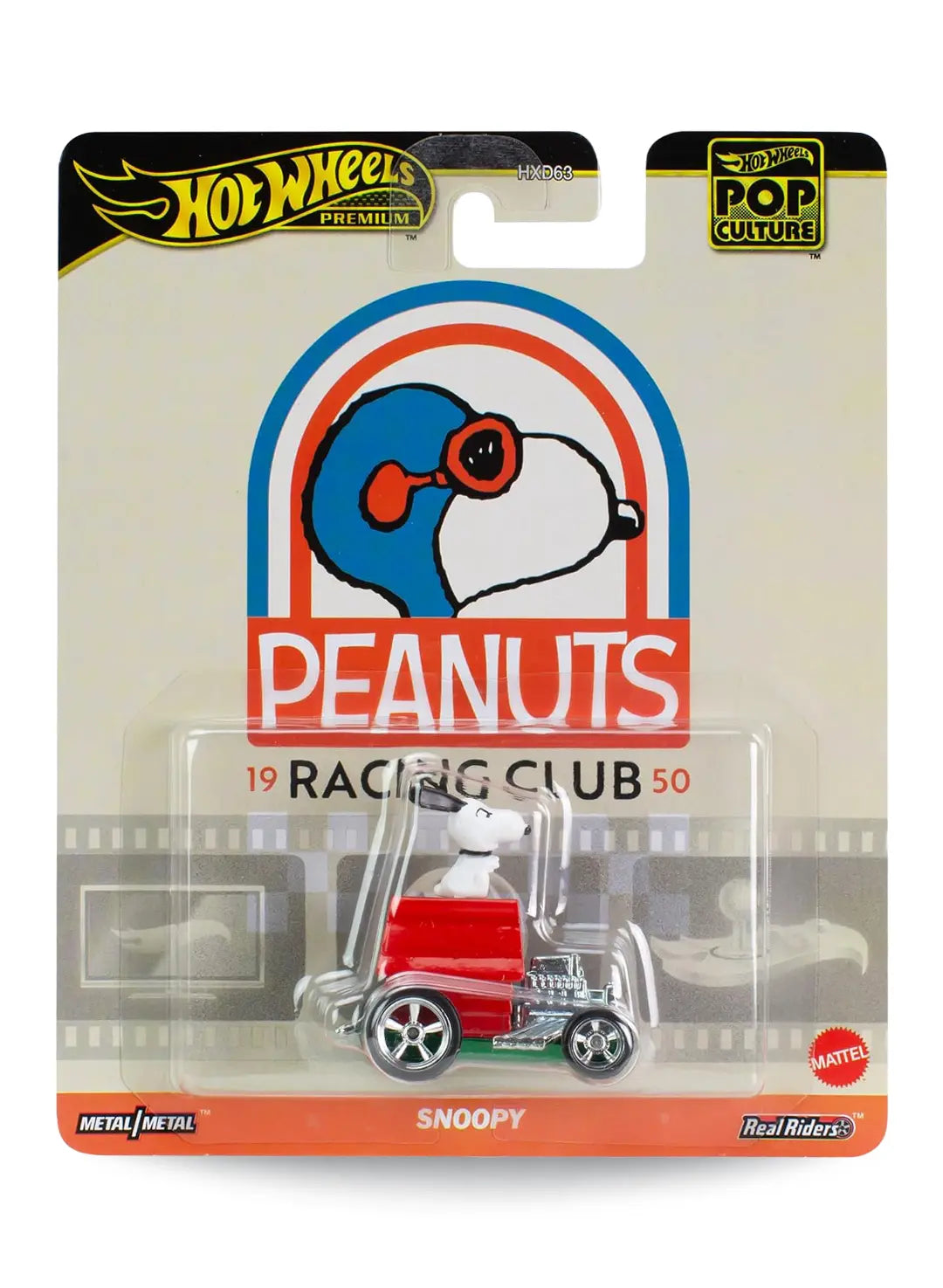Hot Wheels Premium Pop Culture Peanuts Snoopy 1:64 scale premium diecast character car mint on its original retro comic strip themed blister card.