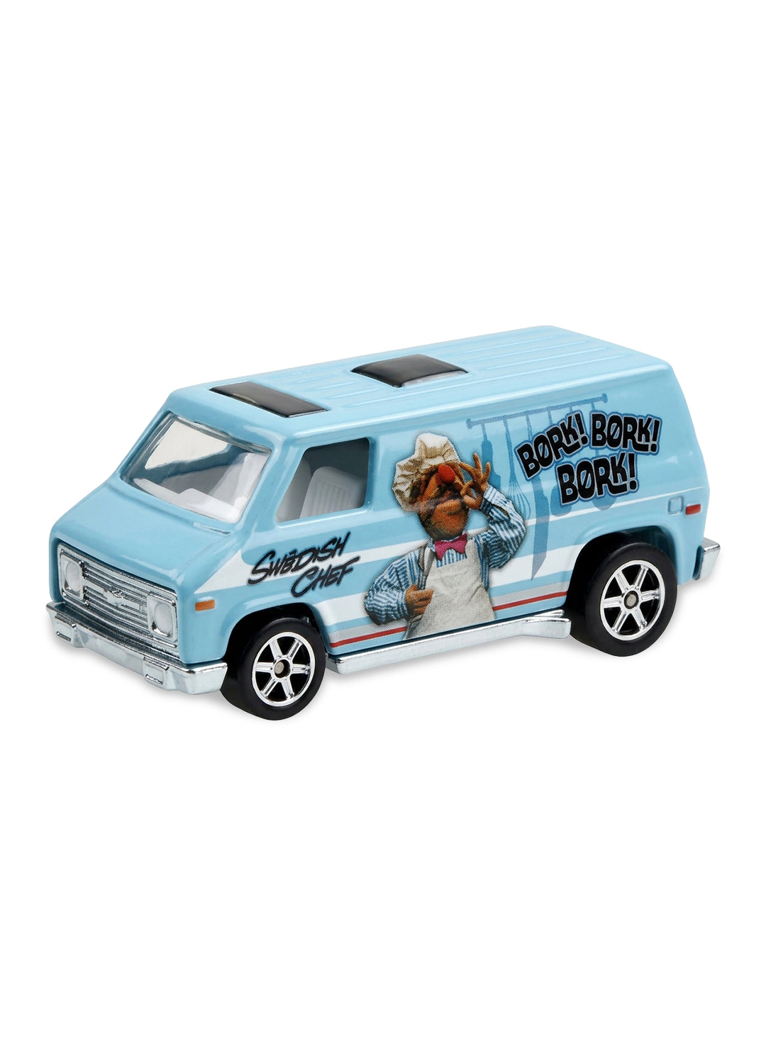 Close-up view of the light blue Hot Wheels 2014 The Muppets Super Van showing side Swedish Chef graphics and chrome Real Riders wheels.