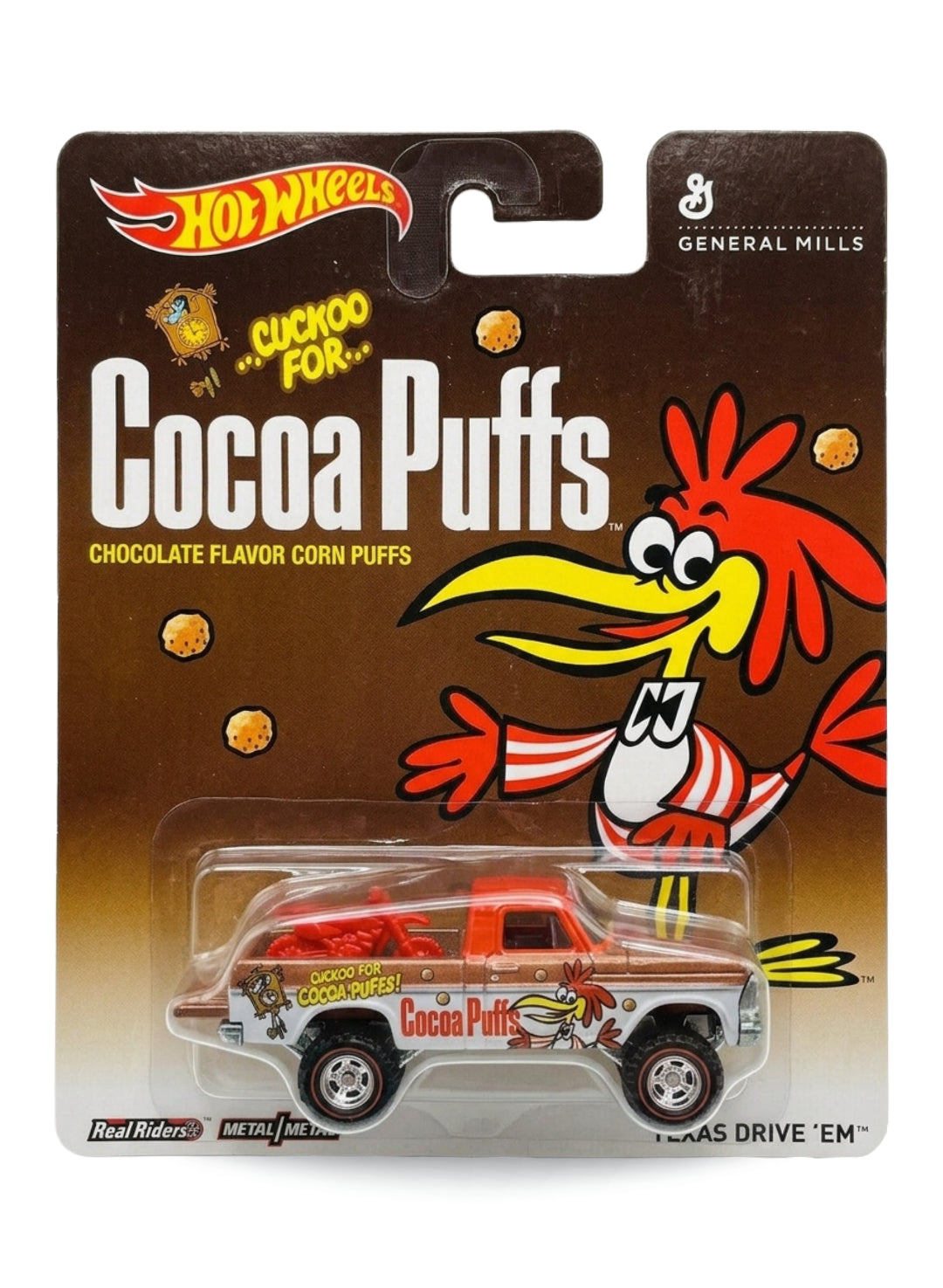 Hot Wheels Pop Culture General Mills Cocoa Puffs Texas Drive 'Em 1:64 scale diecast truck mint on its original cereal box art blister card.