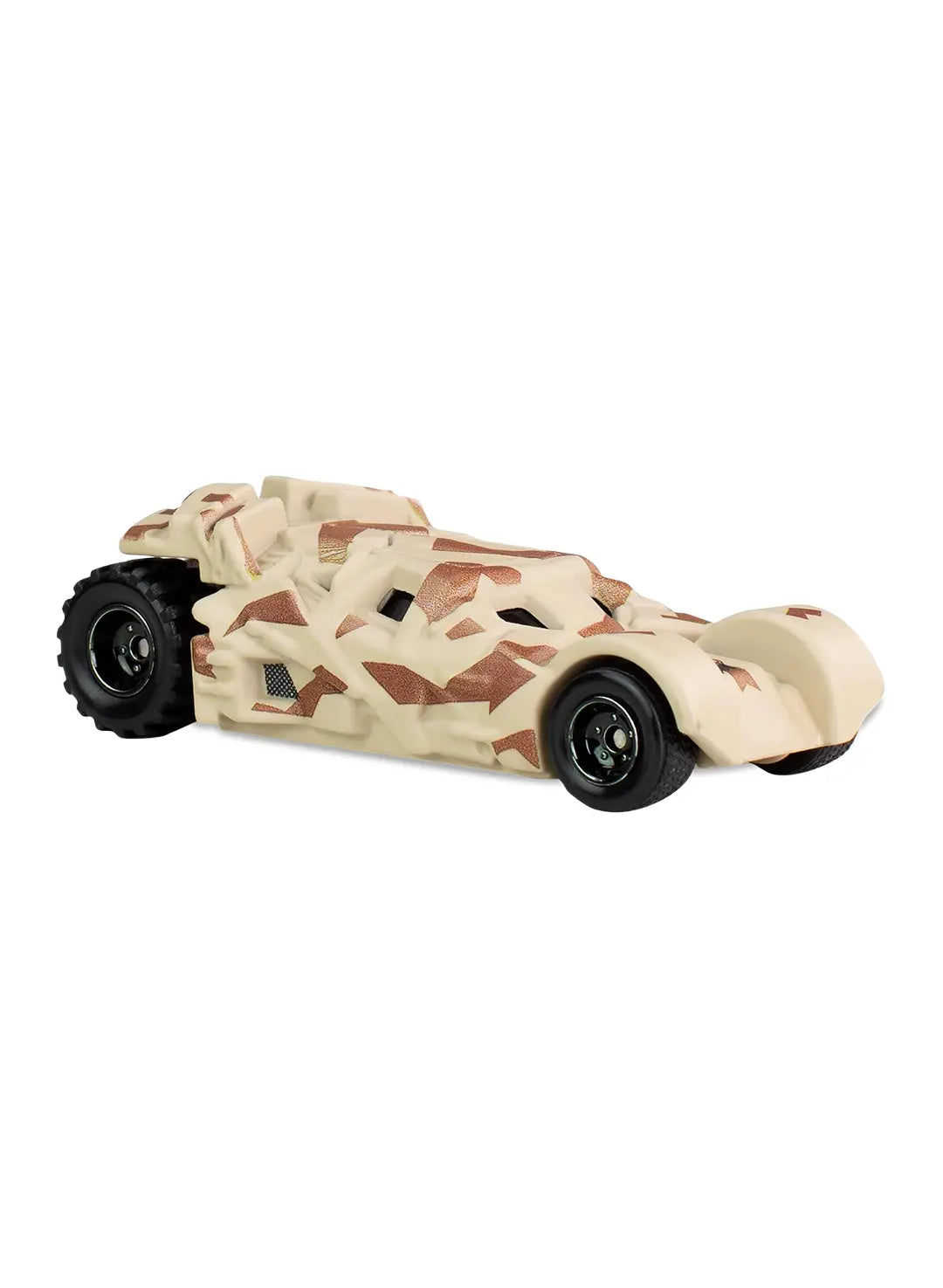 Close-up view of the desert camouflage Hot Wheels The Dark Knight Trilogy Batmobile Tumbler showing aggressive military armored paneling and oversized black off-road Real Riders wheels.