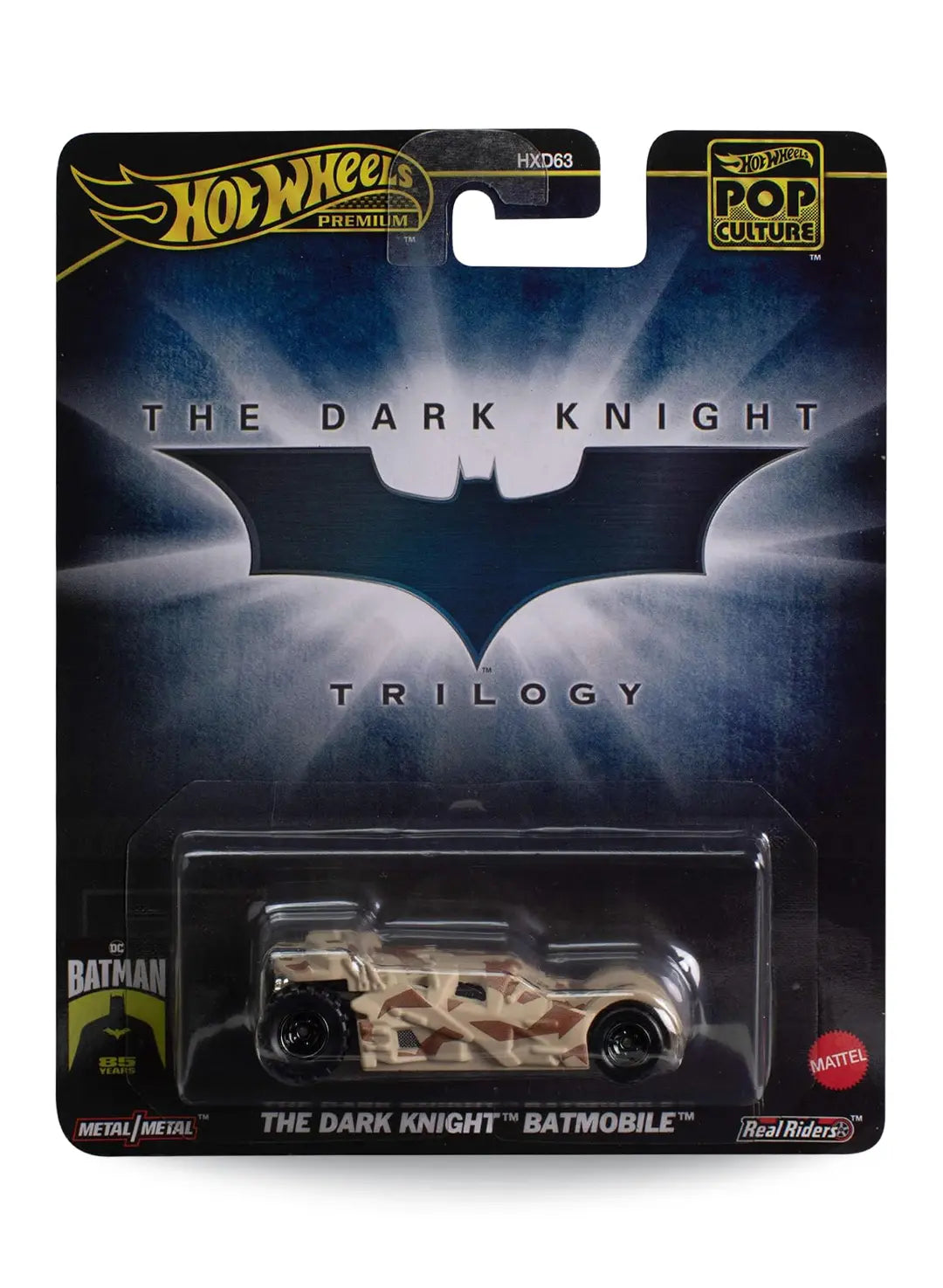 Hot Wheels Premium Pop Culture DC Batman The Dark Knight Trilogy Batmobile 1:64 scale premium diecast vehicle mint on its original movie-themed blister card.