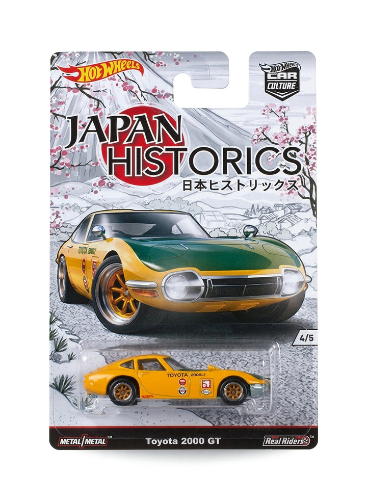 Hot Wheels Car Culture Japan Historics 1 Toyota 2000 GT 1:64 scale premium diecast car mint on retro racing livery card.
